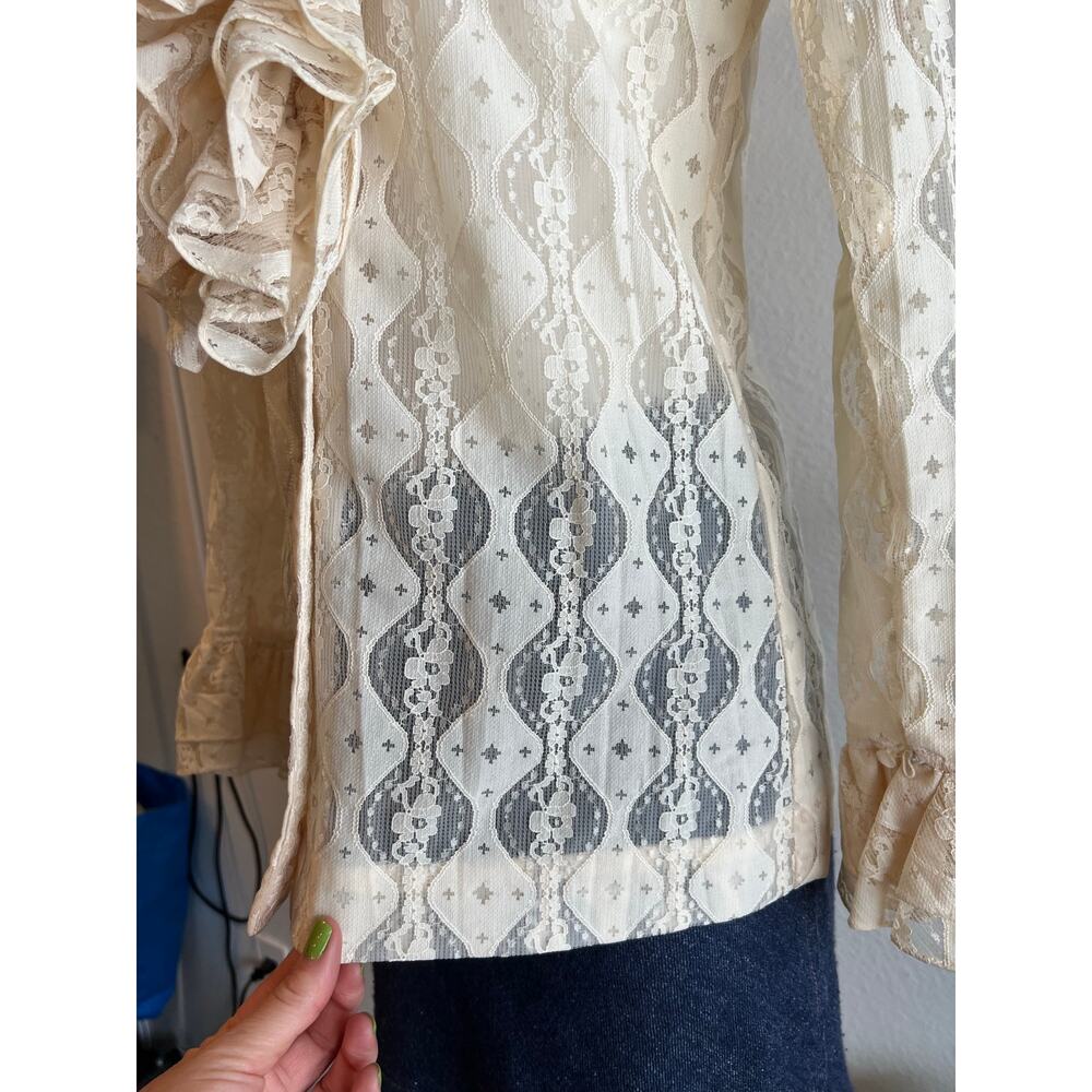 Vintage Neiman Marcus Cream Lace Ruffled Collar Long Sleeve Blouse Size 10 - Picture 10 of 14